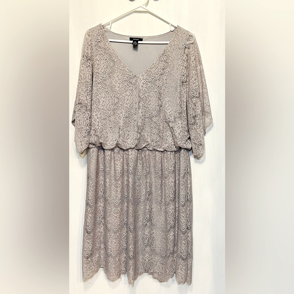 Alfani XL Blouson Midi Gray Lace overlay with Gray Lining Blouson with V-neck
